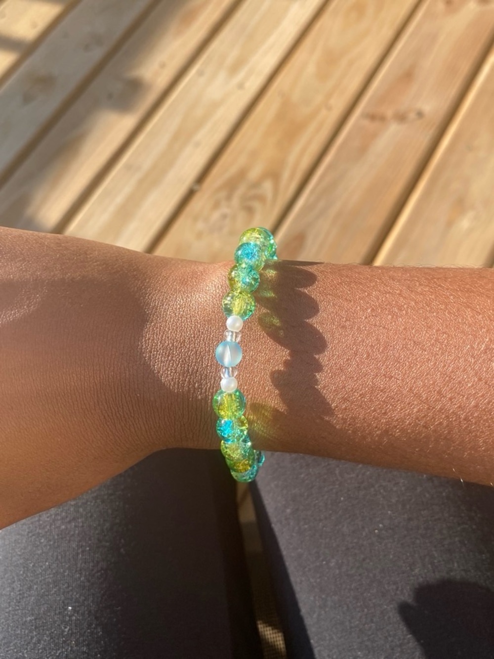 Handmade Green and Blue Beaded Bracelet with Pearl Accents